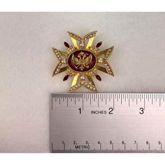 Gold Tone Red & White Faux Pearl Rhinestone Cross Lapel Pin Brooch Ornate Design - Picture 3 of 3